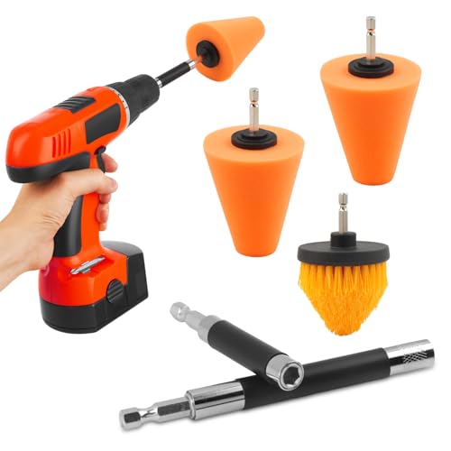Polishing Cone and Drill Brush Set, 2 Sponge Buffing + 1 Polishing Brush + 2 Extension Pole (8cm+12cm) for Automotive Car Wheel Hub Care, Attaches to Standard Household Drill(COLOR:Multicolor)