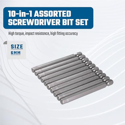 VESTTIO Hex Allen Wrench Long Screwdriver Bit Set H6 6mm Metric Drill Bit 10PCS 1/4 Inch Hex Shank 3 Inch/75 mm Length S2 Steel with Magnetic for Power Screwdriver Drill Impact Driver Repair Toolkit - size: 10 HEX / 3 inch