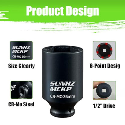 SUNHZMCKP 1/2" Drive Deep Impact Socket Set 17-Piece, Spindle 6 Point Axle Nut Sockets Set, Standard SAE (1-1/4-Inch to 1-3/4-Inch) and Metric (29mm - 38mm) Large Socket, CR-MO, Impact Grade - color: 17-piece, size: 17-Pc 1/2" SAE and Metric Drive Impact