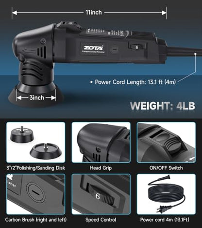 ZOTA Mini Buffer Polisher,2"/3"-8mm Random Orbital polisher,Lightweight Professional Small Polisher for Car Detailing(Black) - color: Black