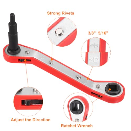HVAC Service Wrench 1/4" 5/16" 3/16" 3/8" 25 Degrees SAE Double Head 16-Teeth Air Conditioner Valve Reversible Ratchet Wrench for Refrigeration Equipment Repair, Silver Red