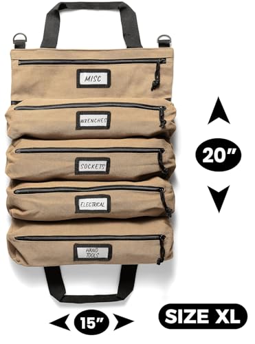 Official Voyager Tool Roll Bag, 5-Pocket 20 x 15 in, Khaki, Made in USA | Easy to Carry Roll Up Tool Bag, 20oz Canvas, Rust-Proof YKK Zippers, Secure Buckle, Durable Gift for Electricians, Mechanics - color: Khaki, size: Voyager - Extra Large (20 x 15 in)