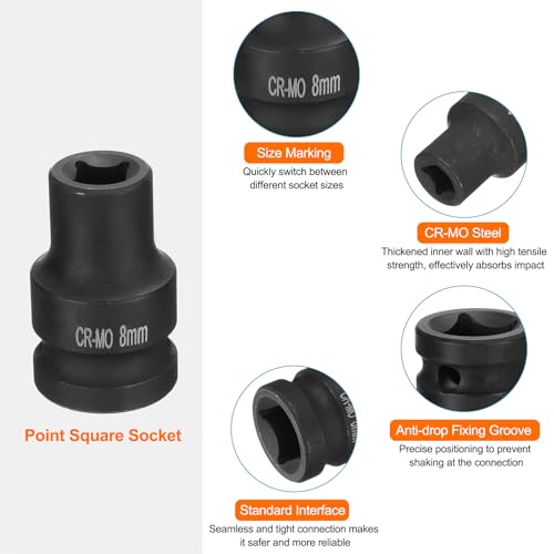 HARFINGTON 2pcs 4 Point Square Socket 1/2" Drive 8mm Metric Square Impact Socket CR-MO Blackening Standard Wheel Sockets Pneumatic Socket Tool for Auto Repair Mechanical Maintenance Home Use - size: 8mm