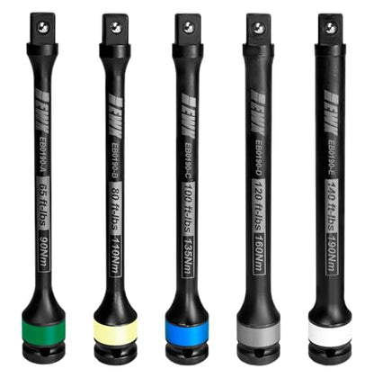EWK 5 Pcs 1/2" Impact Torque Limiting Extension Bar Set, 65ft-lb, 80ft-lb, 100ft-lb, 120ft-lb, and 140ft-lb, High Precision Torque Limiting Stick Set with 8 Inches Long - size: 5pcs Set