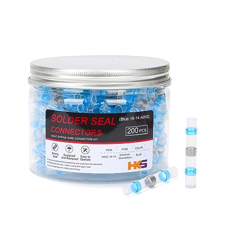 HKS 200PCS Solder Seal Wire Connectors – 16-14 AWG Blue Heat Shrink Butt Terminals – Waterproof Electrical Wire Splice for Automotive, Marine, and DIY Wiring - color: BLUE 16-14 AWG, size: 200PCS