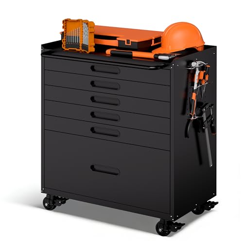 Garage Storage Cabinet,6 Drawer Metal Rolling Tool Cabinet with 2 Pegboard and 10 Hook,Heavy Duty Mechanics Tool Chest Storage for Workshop, Basement,Warehouse,Include Workbench Liner,Black - color: Black, size: 6 Drawers