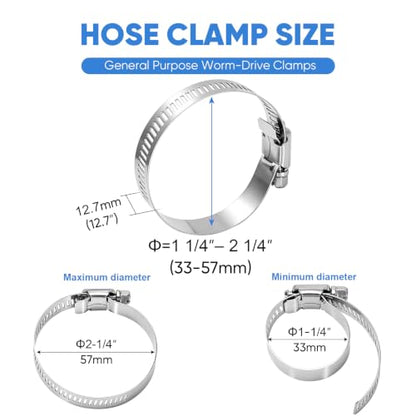 TICONN 12PCS Hose Clamp Set - 1 1/4''–2 1/4'' 304 Stainless Steel Worm Gear Hose Clamps for Pipe, Intercooler, Plumbing, Tube and Fuel Line (33–57 mm) - size: SAE #24 12PCS 1-1/4''~2-1/4"