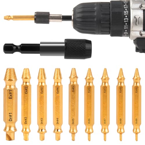 Damaged Screw Extractor Set, Gifts for Men, CLEVEROOL 10 PCS HSS 6542 Screw Extractor Remover Kit for Easy Removal of Stripped, Rusty, Broken Hardware (Gold) - size: 10 Pieces