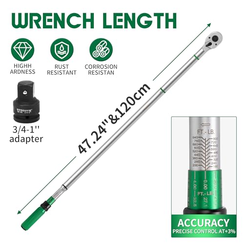 3/4-Inch Drive Click Torque Wrench, Dual-Direction Click Professional Torque Wrench 160-840FT.LB/135-815N.M, Dual Range Scales Graduated in FT.LB and N.M - size: 3/4" 160-840 FT.LB