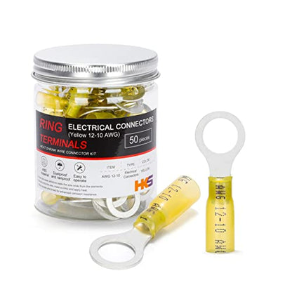 HKS 50 PCS Ring Terminals 3/8" Yellow 12-10 AWG - M10 - Electrical Connectors - Heat Shrink Wire Connector Kit - Tinned Red Copper - Automotive Marine Ring Connectors - Waterproof and Insulated - size: 3/8" (M10)