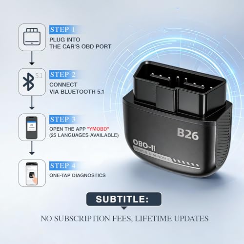 B26 Bluetooth OBD2 Scanner for iOS & Android - Subscription-Free Engine Code Reader, 2026 Upgraded Engine Diagnostic Tool, Reset Check Engine Light for Temporary & Pending Faults