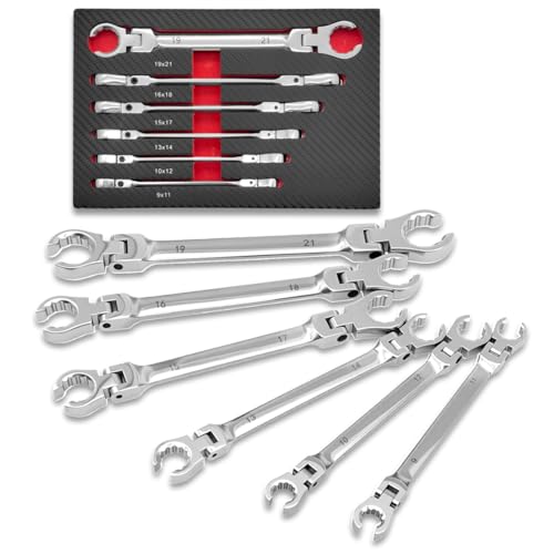 ZKTOOL 6PCS Double Open Movable Head Flexible Flare Nut Wrench Set, Metric Wrench Set 9-21mm, 180 Degree Rotating Head,Applicable to 6PT & 12PT, Kit For Most Of Compression Joint Fittingmovable