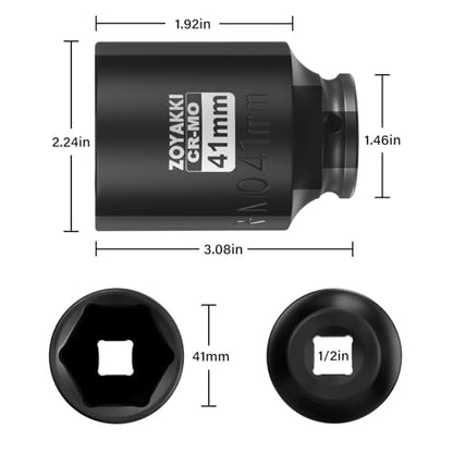 1/2" Drive 41mm Deep 6 Pt CR-MO Metric Impact Socket for Axle Nuts - size: 41mm, style: 1/2" Drive Deep