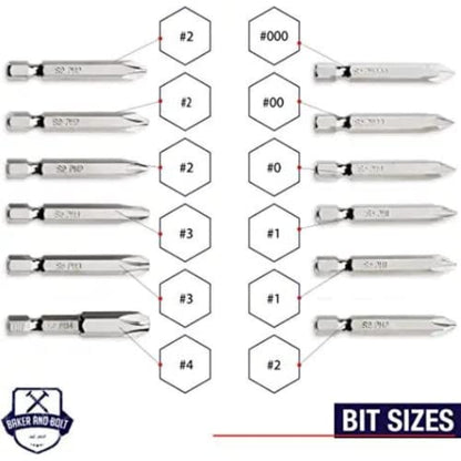 Phillips Screwdriver Drill Bit Set (Premium 12pc Complete Set) w/Storage Case and Bit Holder - 1/4in Hex Shank Magnetic - Impact Ready - S2 Steel - Long 2in Heads for Drills. Baker and Bolt - style: PHILLIPS
