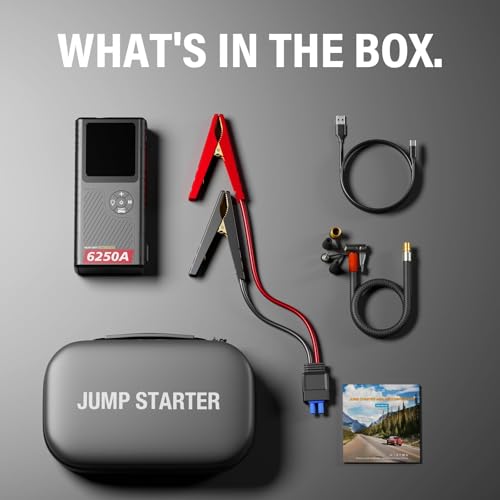 6250A Jump Starter with Air Compressor, Car Battery Jump Starter with Boost for Up to 9L Gas / 7L Diesel, 150PSI Tire Inflator with Auto Shutoff, Smart LED Screen, Portable Jump Box, 48-Month Standby