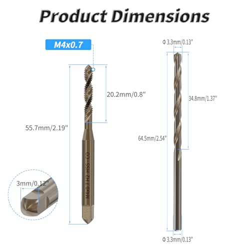 Tap and Drill Bit Set, M4x0.7 Tap and 3.3mm Twist Drill, HSS, Spiral Point | For M4x0.7 Thread Tapping and Drilling, Spiral Point Tap and Twist Drill Combo for Industrial Mechanics Metalworking - size: M4*0.7 + 3.3mm