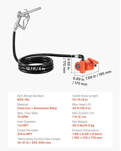 VEVOR Fuel Transfer Pump, 12V DC 15 GPM, Cast Iron Diesel Transfer Pump Kit, with Manual Nozzle, Discharge Hose, Overheat Protection, Power Cable, Explosion-Proof, for Gasoline Diesel Kerosene & More - size: 7.68 x 6.69 x 6.69 in