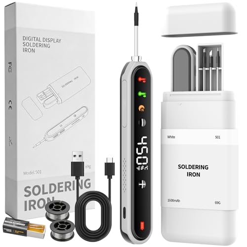 Cordless Soldering Iron Kit, 8S Fast Heating, Type-C Charging, Adjustable Temp 180~450℃, 3 Replaceable Tips, 1600mAh Portable Wireless Soldering Pen for Electronics Repair and DIY Projects-White