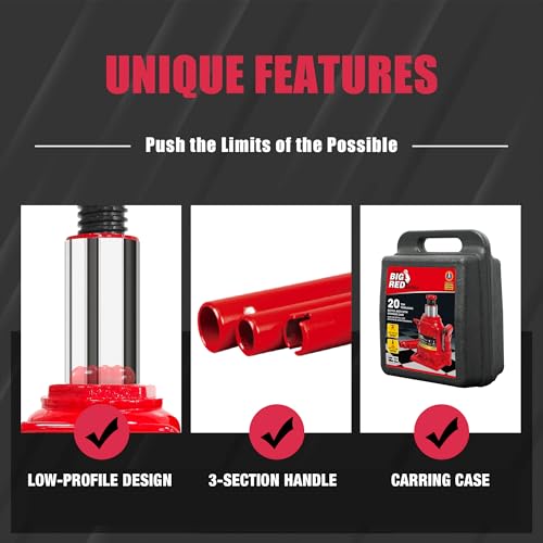 Big Red 20 Ton (40,000 lb) Low Profile Hydraulic Bottle Jack with Carrying Case，Red