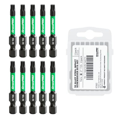 GRENPRO Impact Torx Bits T25, 2" Length S2 Steel Magnetic Screwdriver Bits -11 Pack, 1/4" Hex Shank CNC Machined Star Bits for Impact Drivers, with Storage Box - size: T25(2"*11pcs)