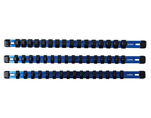 ARES 60041-3-Piece 17-Inch Blue Aluminum Socket Rail Set - 1/4-Inch, 3/8-Inch, and 1/2-Inch Drive Socket Organizers Hold 48 Sockets - color: Blue, size: Multi-Drive