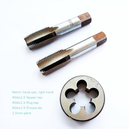 AtticZone M16 x 1.5 Metric Hand Thread Tap and Die Set, Right Hand 16 * 1.5, Alloy Tool Steel, 1 Taper Tap, 1 Plug Tap, 1 Round Die for Metal Working DIY Industrial - size: M16x1.5