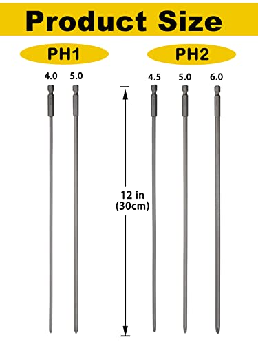 Rocaris 5 Pack Extra Long Phillips Screwdriver Bit Sets, 12 Inch | 1/4 Inch Hex Shank Magnetic Screwdriver Bits Cross Head S2