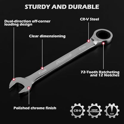Premium 24-Piece Ratcheting Wrench Set, SAE & Metric Combination Wrenches, 8-19mm / 1/4"-7/8", 72-Tooth Ratchet Spanners, Chrome Vanadium Steel with Roll-Up Pouch for Mechanics