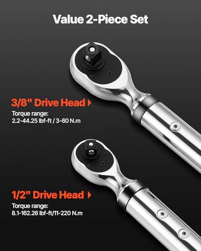 VEVOR Digital Torque Wrench 3/8 1/2 Inch Drive, 0-44.25FT.LB(0-60Nm)/0-162.26FT.LB(0-220Nm) ±2% Accuracy, Electronic Torque Wrench with Preset Mode,Vibration,Buzzer,LED Notification,5Units of Measure - size: 0-44.25FT.LB, 0-162.26FT.LB, style: 3/8 1/2-Inc