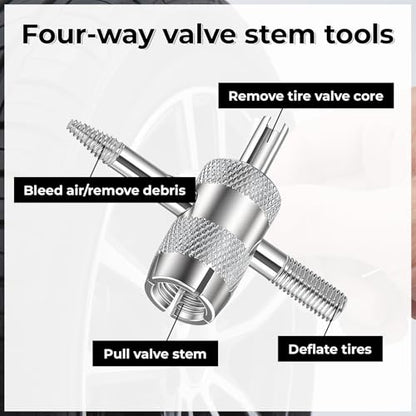 Car Tire Repair Tools Tire-Valve Core Remover Valve Stem Removal Tool Kit with 4-Way Valve Tool, 10 Pcs Valves Stem Caps, 20 Pcs Valves Cores for Cars Trucks Motorcycles Bicyclescs