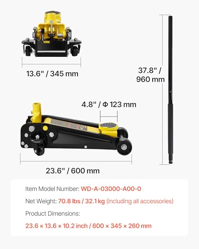VEVOR 3 Ton Low Profile Floor Jack for All Terrain Vehicles, Heavy-Duty Steel Racing Jack with Quick Lift Pump, 5.12"-20" Lifting Range, 3.0 tons - color: yellow