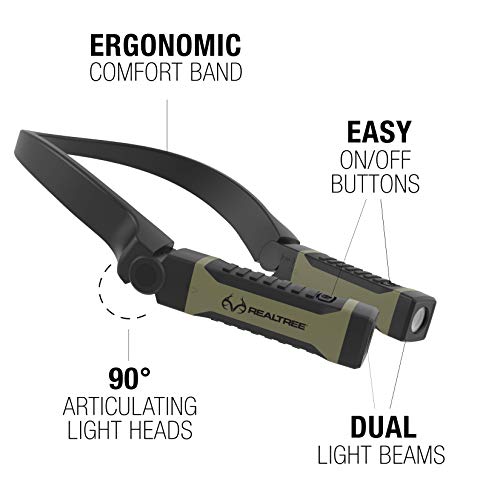 Realtree Alkaline Neck Light for Hands-Free Lighting with high and Low Brightness Modes Great for Camping Light, Hunting Light, Working Light and More, Green
