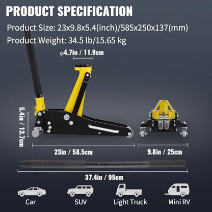 1.5 Ton Low Profile Racing Floor Jack, Aluminum & Steel Lightweight Design, Dual Pump for Quick Lift, 3"-14.4" Range for Sports Cars & Sedans