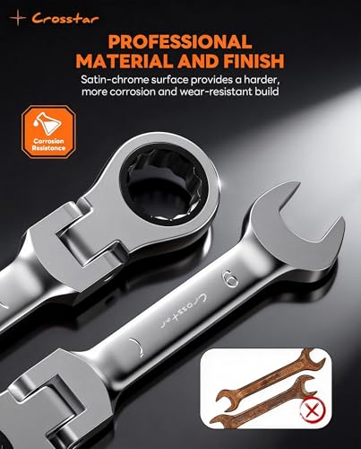 Crosstar 12-Piece Metric Stubby Flex-Head Ratcheting Combination Wrench Set with Rolling Pouch – 8-19mm, 90-Tooth, CR-V Steel, Compact Design for Tight Spaces