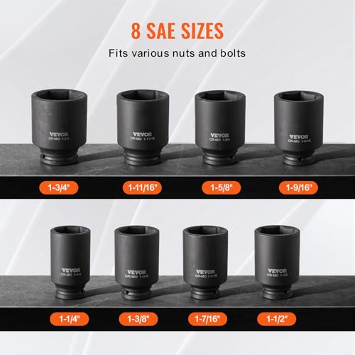 VEVOR Axle Nut Impact Socket Set - 1/2" Drive Deep 6-Point 8-Piece SAE Spindle Nut Socket CR-MO Heat Treated Large Socket Set with Storage Case for Auto Repair, Removing or Installing Axle Nuts - style: 1/2" 8PCS CR-MO