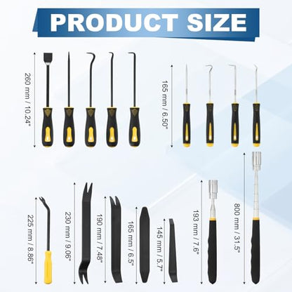15Pcs Hook and Pick, Straight Head Magnetic Pickup Tool Plastic Pry Pieces Large Small Hook Short Pry Bar Gasket Scraper for Remove Hoses Gaskets Car Panel Fastener, Yellow - color: Yellow