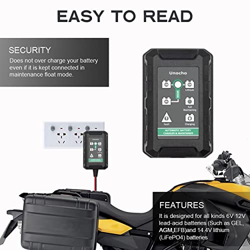 Unocho 1.5A Smart Battery Charger Maintainer for 6V 12V Lead Acid and 14.4V LiFePO4 Batteries, Automatic Trickle Float Charger with SAE Clips for Car Motorcycle Lawn Mower Boat
