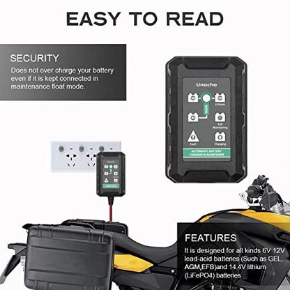Unocho 1.5A Smart Battery Charger Maintainer for 6V 12V Lead Acid and 14.4V LiFePO4 Batteries, Automatic Trickle Float Charger with SAE Clips for Car Motorcycle Lawn Mower Boat