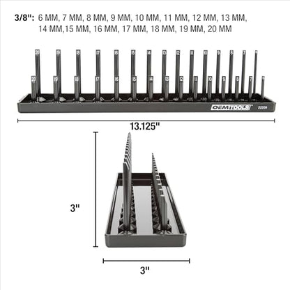 OEMTOOLS 22209 3/8" Metric Socket Organizer, 3/8 Socket Organizer for Deep and Shallow Sockets, Labeled Posts, Dual Rail, Holds 6 mm to 20 mm - size: 3/8"