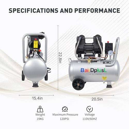BairDplusL 8 Gallon Ultra Quiet Air Compressor 110V/60Hz 1.5HP 8.8CFM MAX 115PSI Steel Tanks Oil-Free 70dB Noise Level Light & Quiet Portable Air Compressor with Wheels, Auto Repair - size: 30L