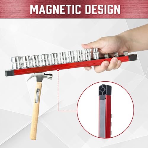 ALOANES 1/2-Inch Drive Magnetic Socket Organizer, Heavy Duty Aluminum Socket Rails, 11 Stainless Clips (Red)