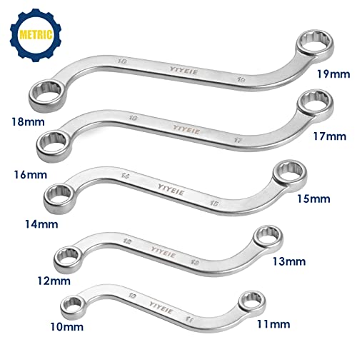 YIYEIE Offset S-Style Box End Wrench Set, 5-Piece, Chrome Vanadium Steel, 10x11mm, 12x13mm, 14x15mm, 16x17mm, 18x19mm - size: S Style Set Metric