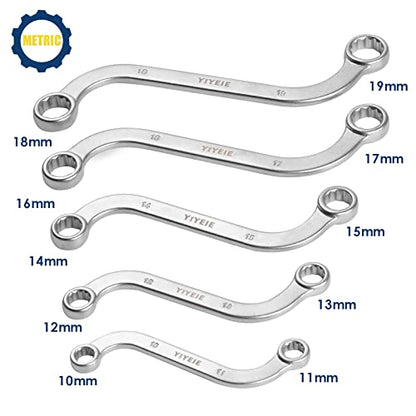 YIYEIE Offset S-Style Box End Wrench Set, 5-Piece, Chrome Vanadium Steel, 10x11mm, 12x13mm, 14x15mm, 16x17mm, 18x19mm - size: S Style Set Metric