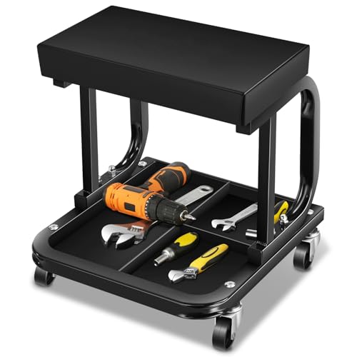 Auto Dynasty Rolling Mechanic Stool, Padded Shop Seat, w/Tool Tray, Black | Heavy Duty 250Lbs Capacity, Low Profile Rolling Shop Seat, with Tool Tray Storage for Garage, Workshop, Auto Repair