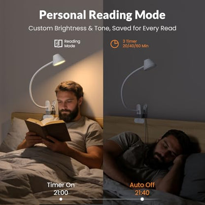 LEPOWER Clip on Light, Reading Lights for Books in Bed, 400LM, RG0 Eye-Care | 5 Colors & Stepless Dimming, Amber Glow Light & Auto Timer, Up to 2.3" Strong Clamp with Adapter for Headboard, Bedside, Desk - color: White