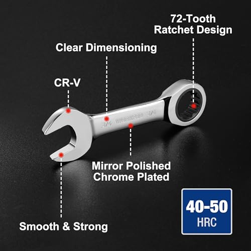 WORKPRO 14-Piece Ratcheting Combination Stubby Wrench Set, 72 Teeth, Combo Ratchet Wrenches Set with Organizer Box, SAE 3/8-3/4" & Metric 10-18mm