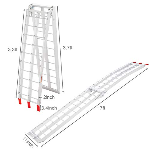 TUFFIOM 7ft Aluminum Motorcycle Ramps 1500lbs Capacity, 2pcs Folding Loading Truck Ramps for Pickup Trucks Bed, Trailer Ramp with Load Straps for UTV/ATV/Lawn Mower/Dirt Bike, Lightweight & Portable
