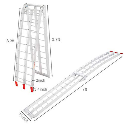 TUFFIOM 7ft Aluminum Motorcycle Ramps 1500lbs Capacity, 2pcs Folding Loading Truck Ramps for Pickup Trucks Bed, Trailer Ramp with Load Straps for UTV/ATV/Lawn Mower/Dirt Bike, Lightweight & Portable
