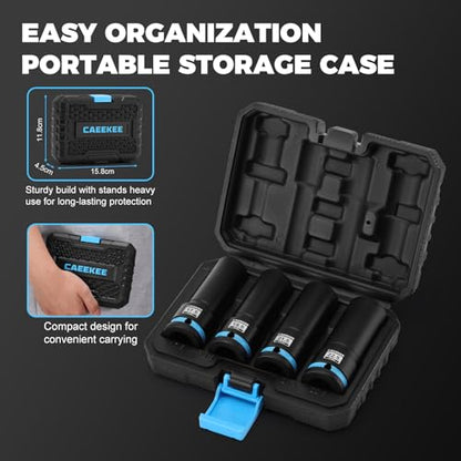 4-Piece 1/2" Drive Lug Nut Impact Socket Set, Non-Marring Thin Wall Wheel Protector Socket，CR-MO, Metric 17.5, 19.5, 21.5, 22.5mm