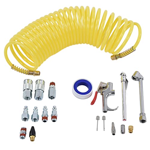 Professional Air Compressor Accessory Kit Heavy Duty 1/4in NPT Quick Connect Fittings Blow Gun Set with 25ft Hose for Tire Inflation Industrial Pneumatic Tools